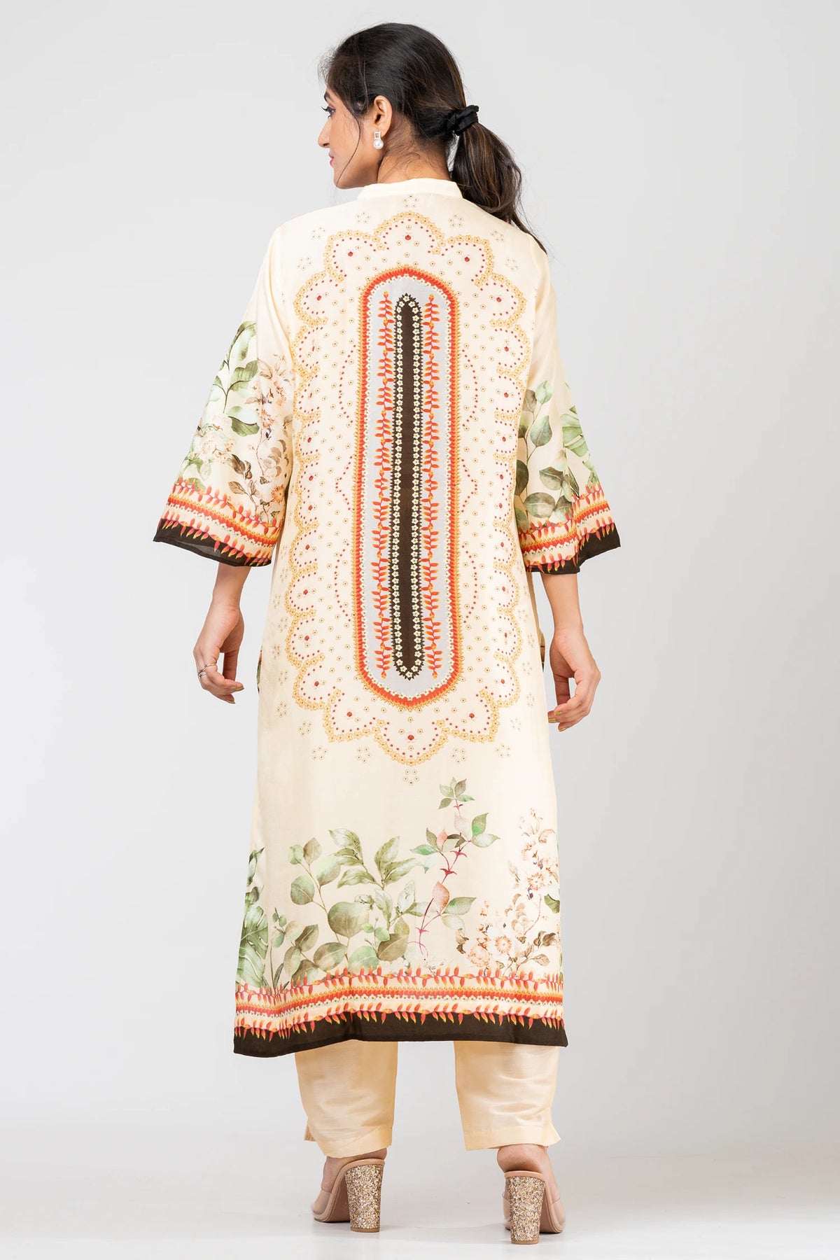 Tender Petals Designer Pale Green Raw Silk Kurti and Pants Ethnic Set for Women