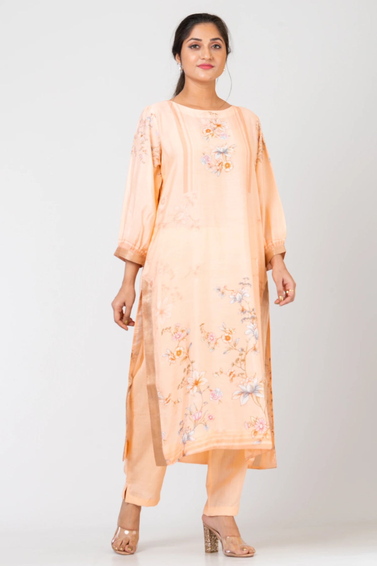 Peach Finesse Peach Traditional Kurti Set with Raw Silk Pants for Festive Wear
