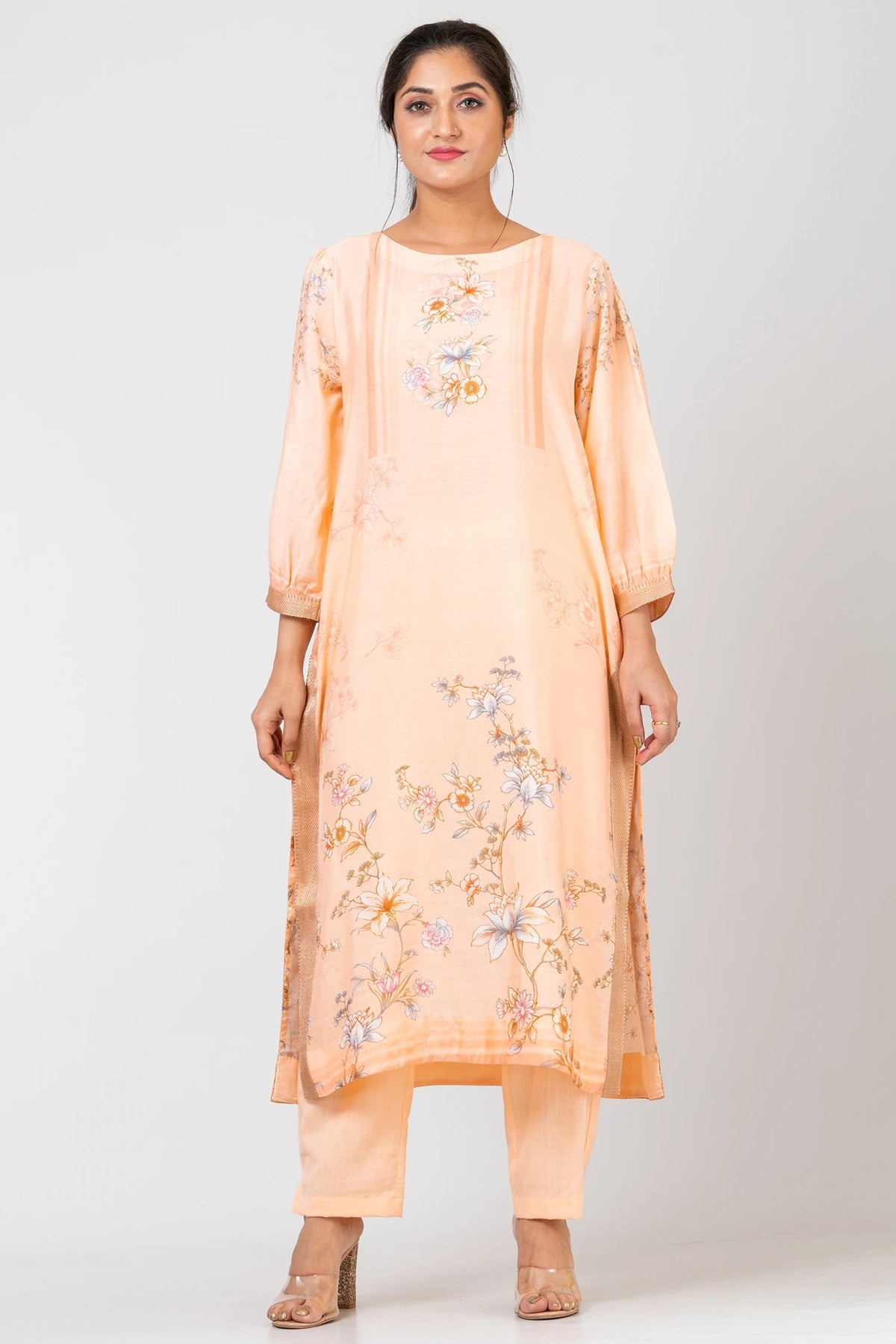 Peach Finesse Peach Traditional Kurti Set with Raw Silk Pants for Festive Wear