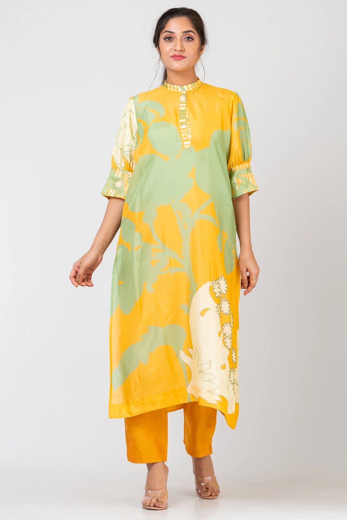 Abstract Fusion Yellow Raw Silk Kurti Set with Matching Silk Pants for Women