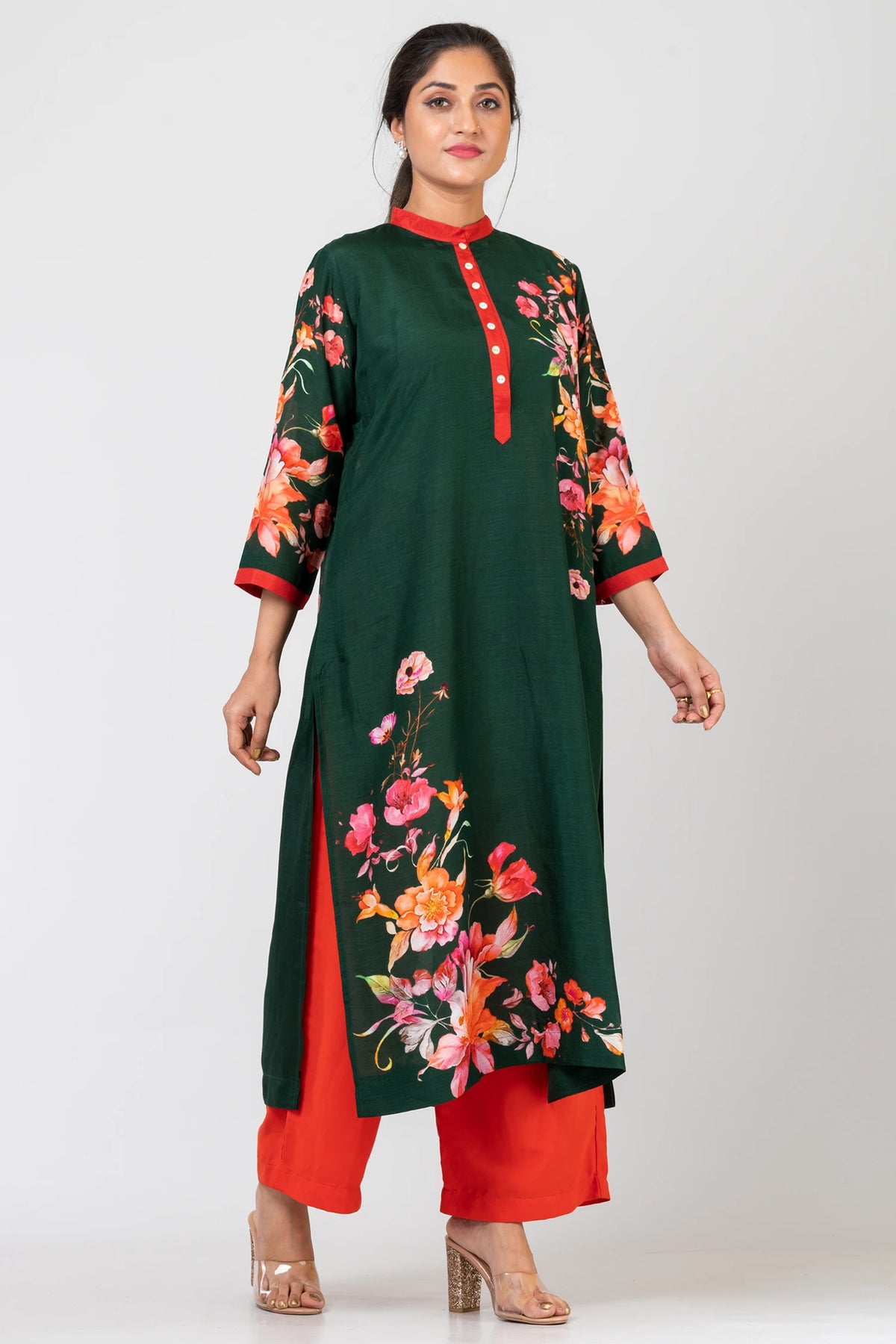 Arden Green Bliss Bottle Green Raw Silk Kurti Set with Matching Silk Pants for Women