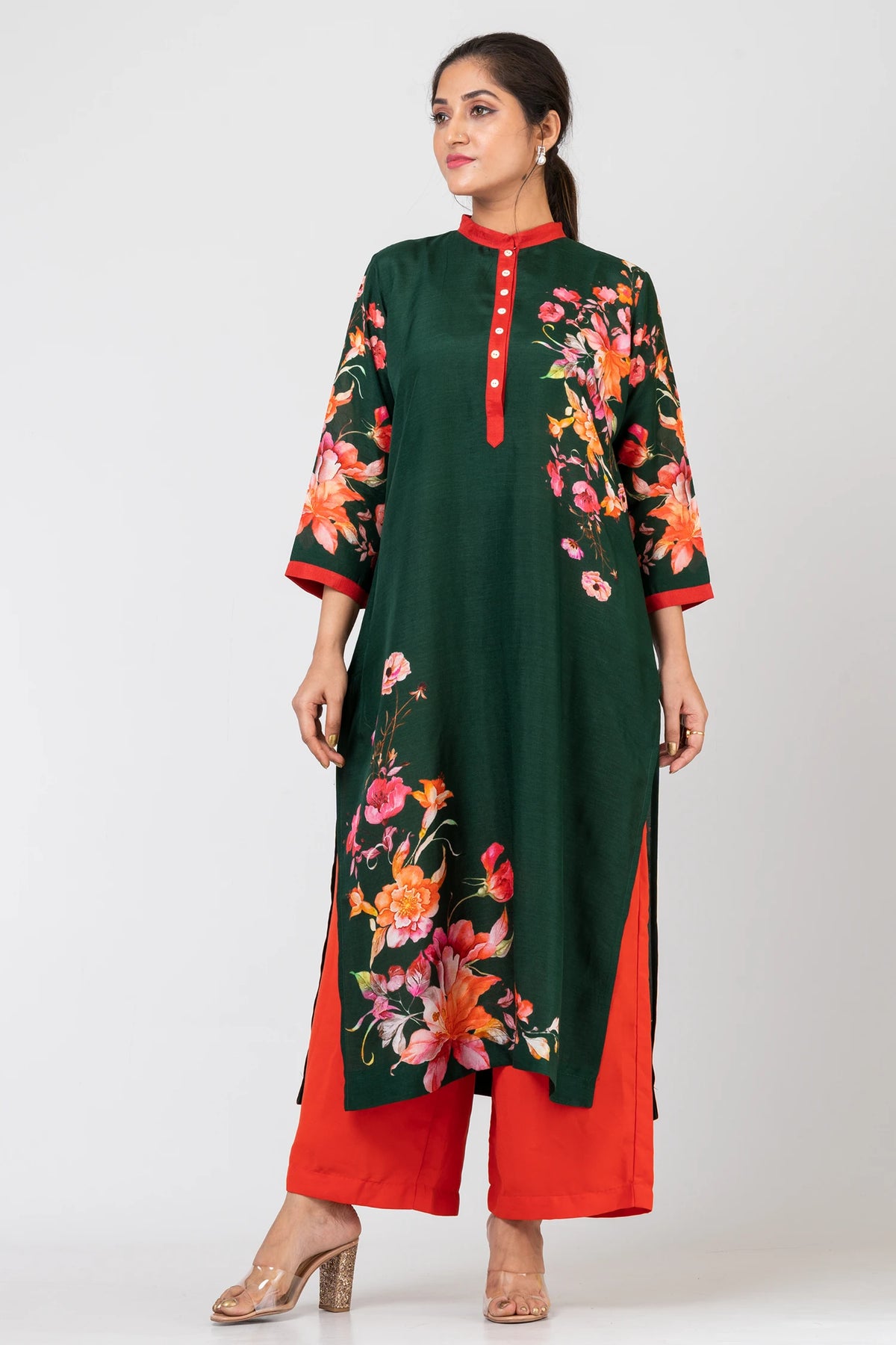 Arden Green Bliss Bottle Green Raw Silk Kurti Set with Matching Silk Pants for Women