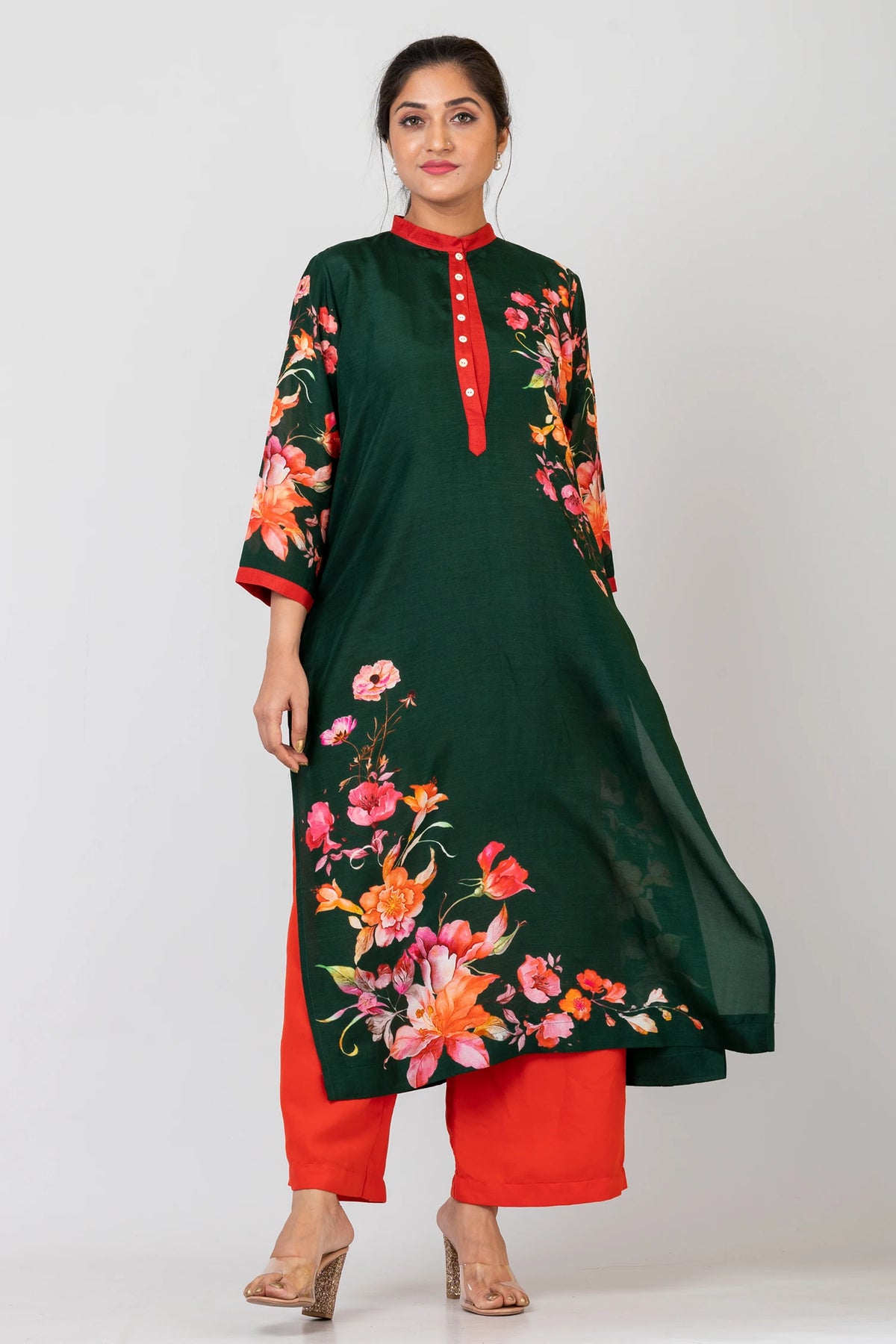 Arden Green Bliss Bottle Green Raw Silk Kurti Set with Matching Silk Pants for Women