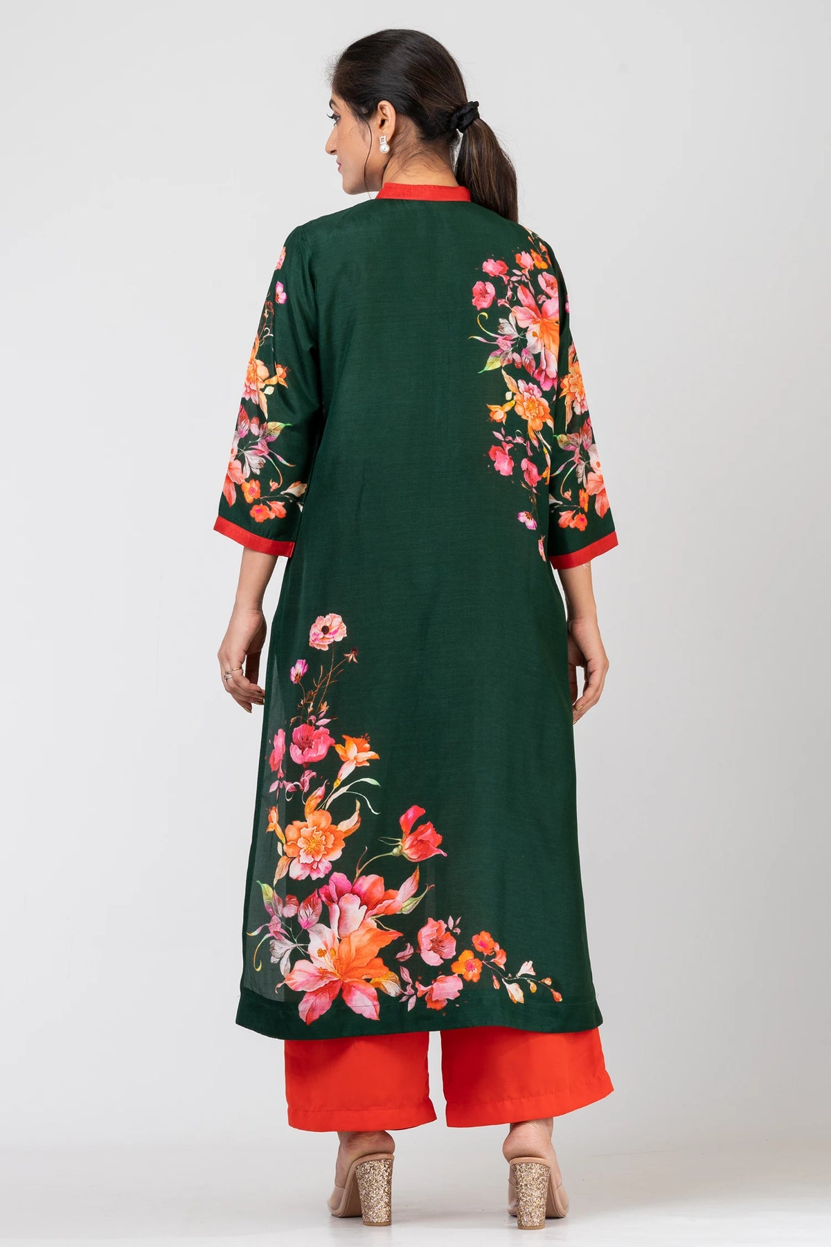 Arden Green Bliss Bottle Green Raw Silk Kurti Set with Matching Silk Pants for Women