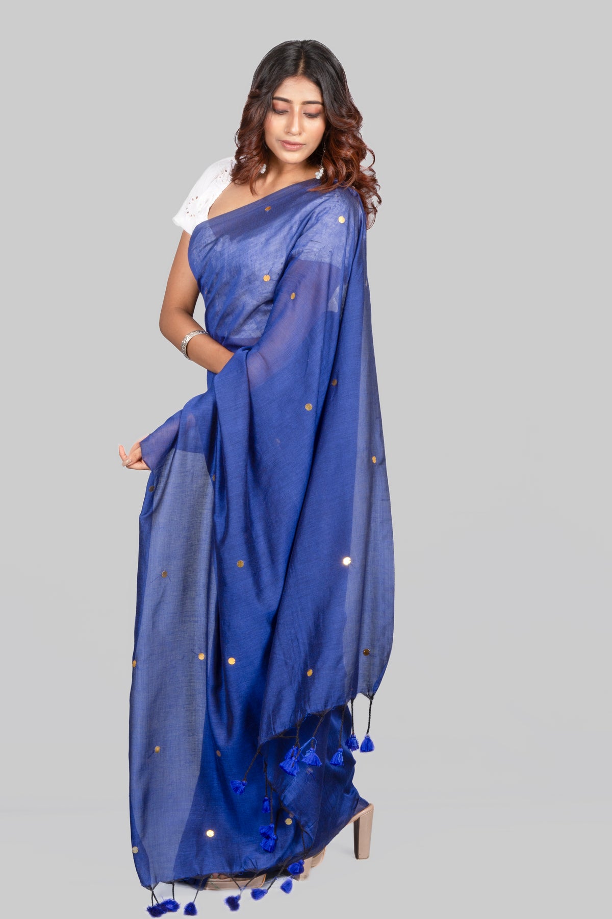 Cloud Navy Blue Mulmul Saree – Lightweight Soft Cotton Ethnic Wear Saree