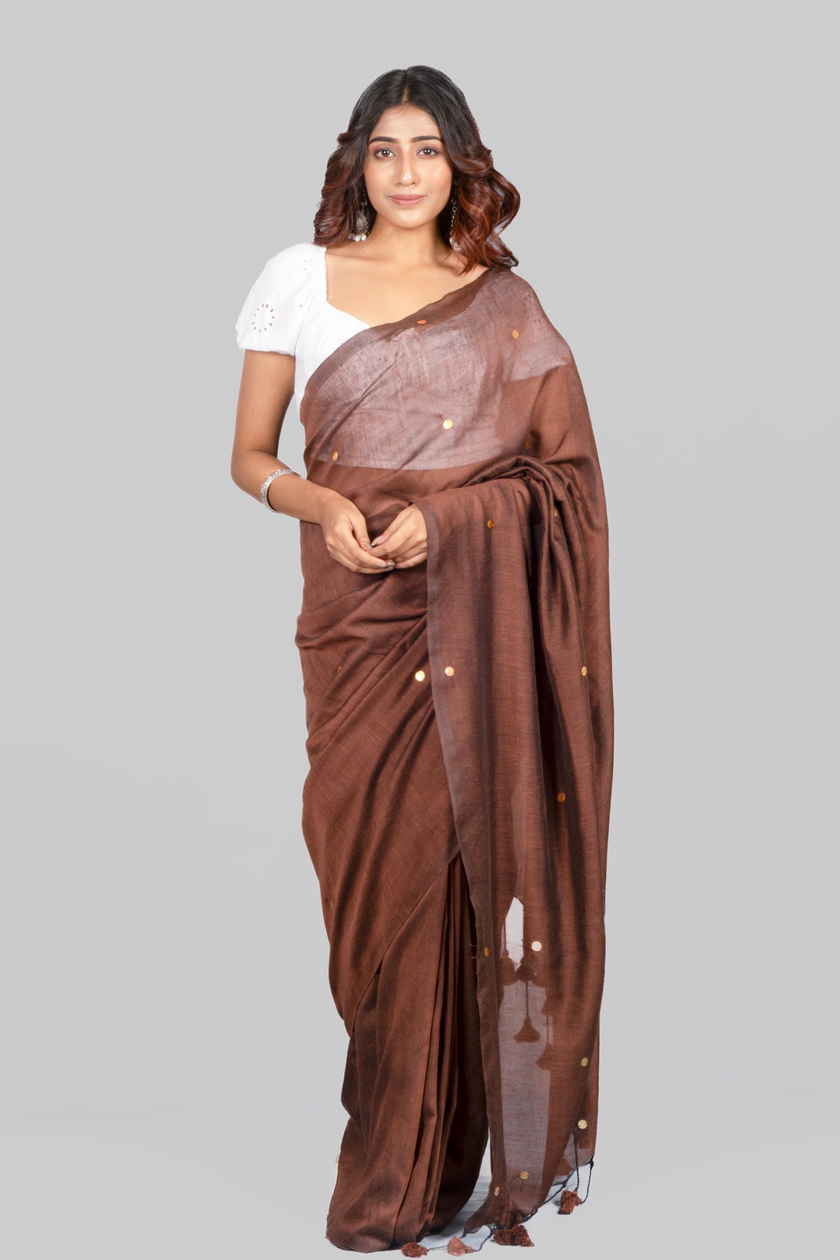 Mocha Elegant Earthy Tone Pure Mulmul Cotton Saree for Women