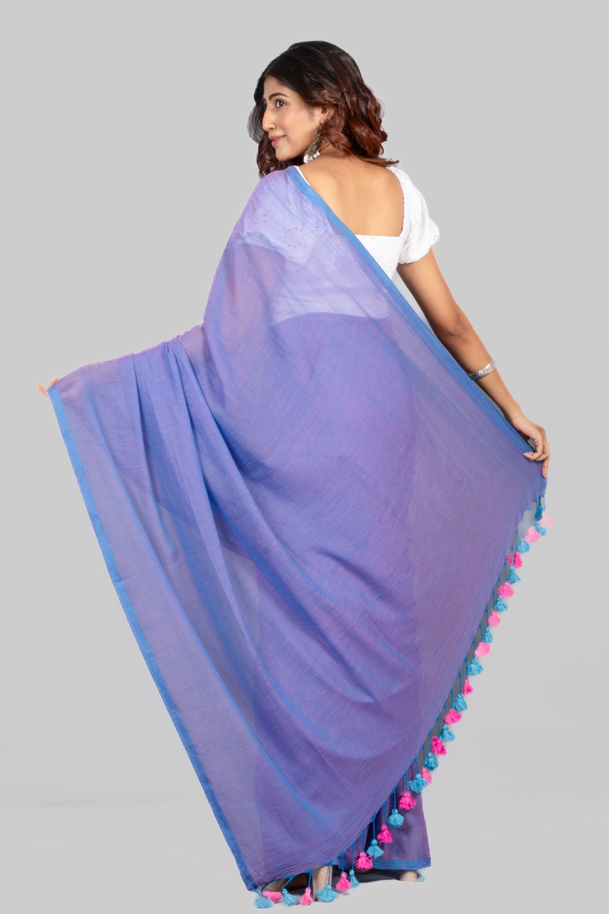 Blue Poppy Dual Tone Mulmul Saree – Soft Lightweight Cotton Blend Elegant Drapes