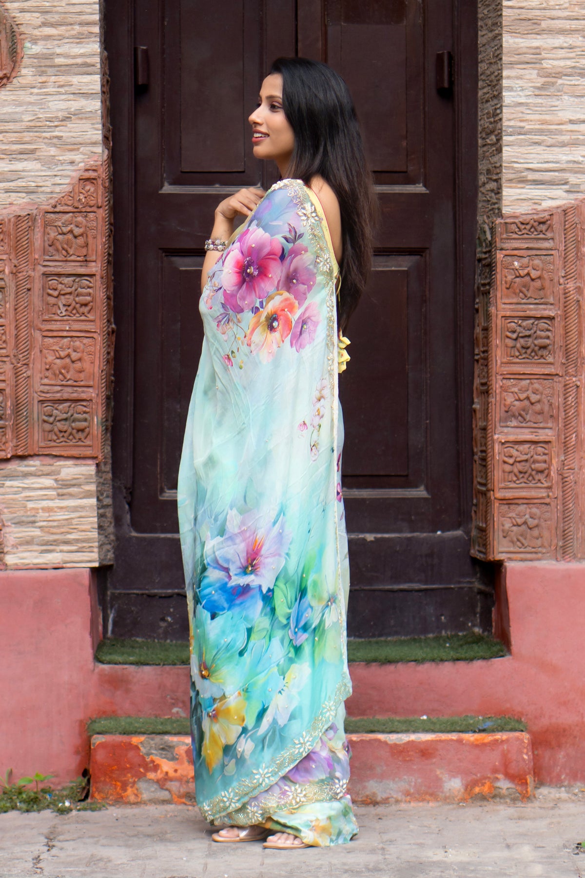 Spring Mist Sky Blue & Multicolored Chinon Saree – Digital Floral Print Lightweight Elegant Saree