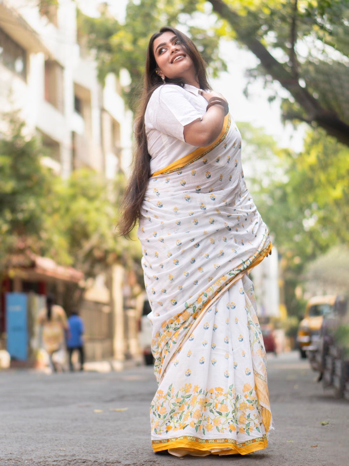 Saanviya | Yellow Floral Digital Print Mulmul Saree | Lightweight Soft Cotton Saree for Women