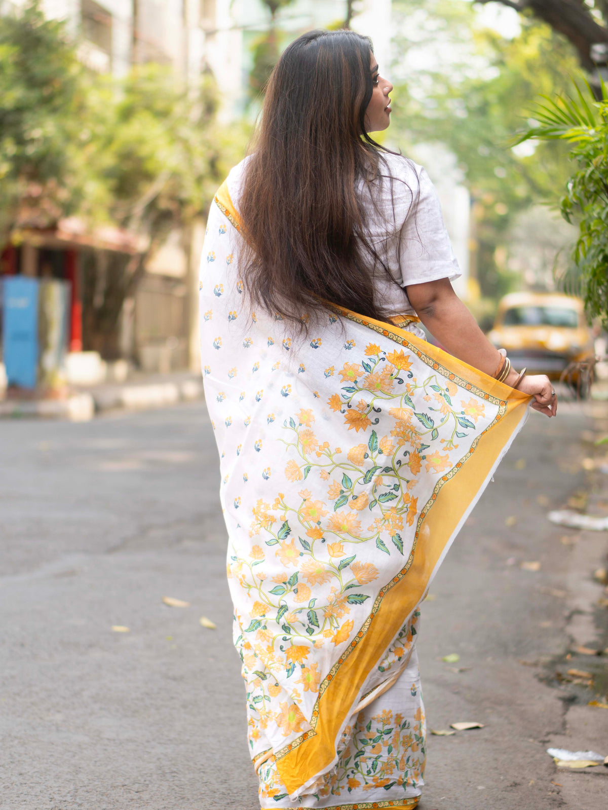 Saanviya | Yellow Floral Digital Print Mulmul Saree | Lightweight Soft Cotton Saree for Women