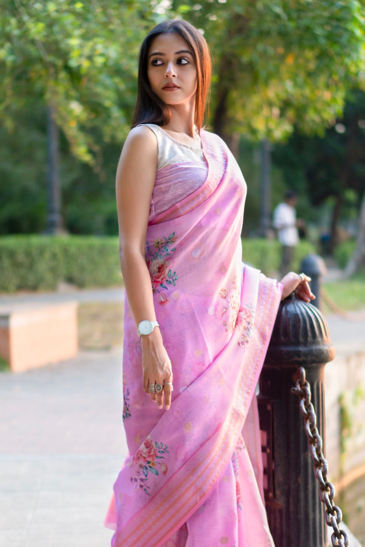Blush petals Pink Floral Printed Linen Saree with Digital Design