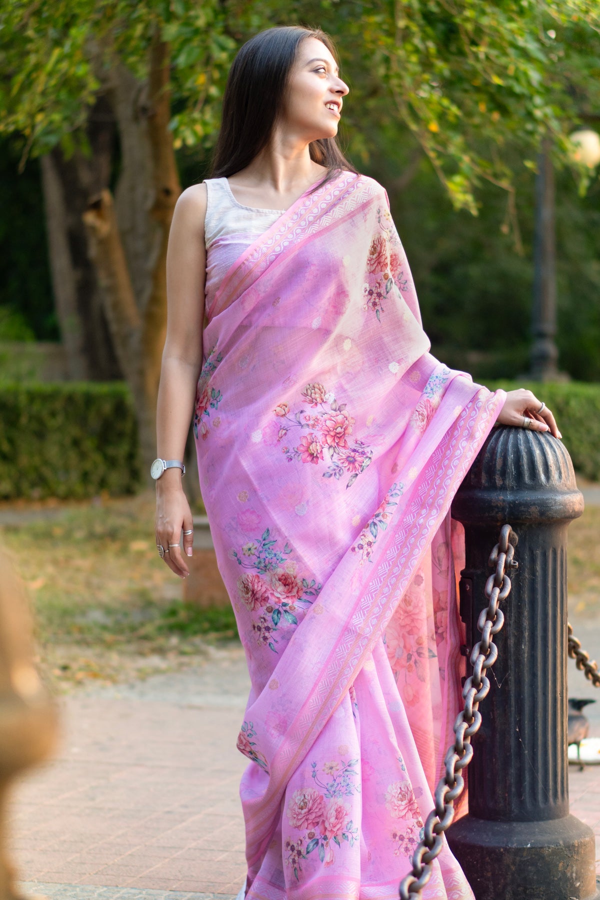 Blush petals Pink Floral Printed Linen Saree with Digital Design