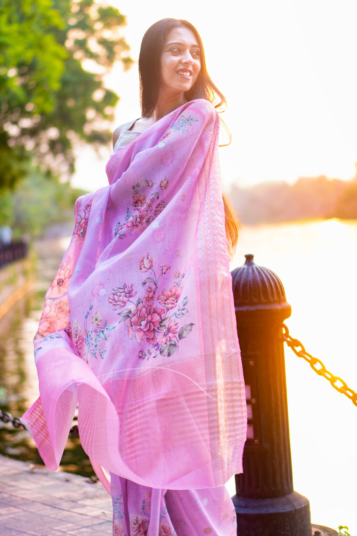 Blush petals Pink Floral Printed Linen Saree with Digital Design
