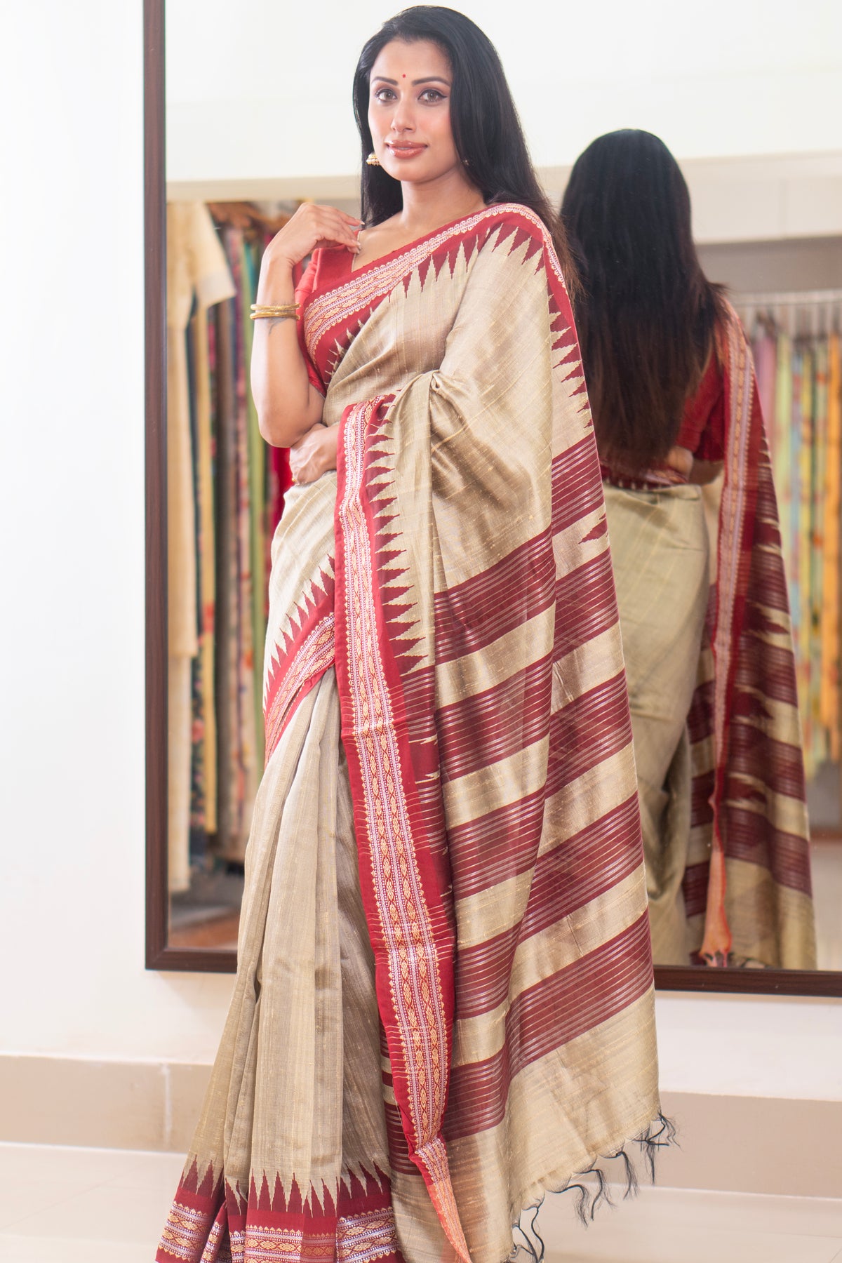Deep Beige Raw Silk Saree with Vidarbha Border | Elegant Party Wear Ethnic Saree