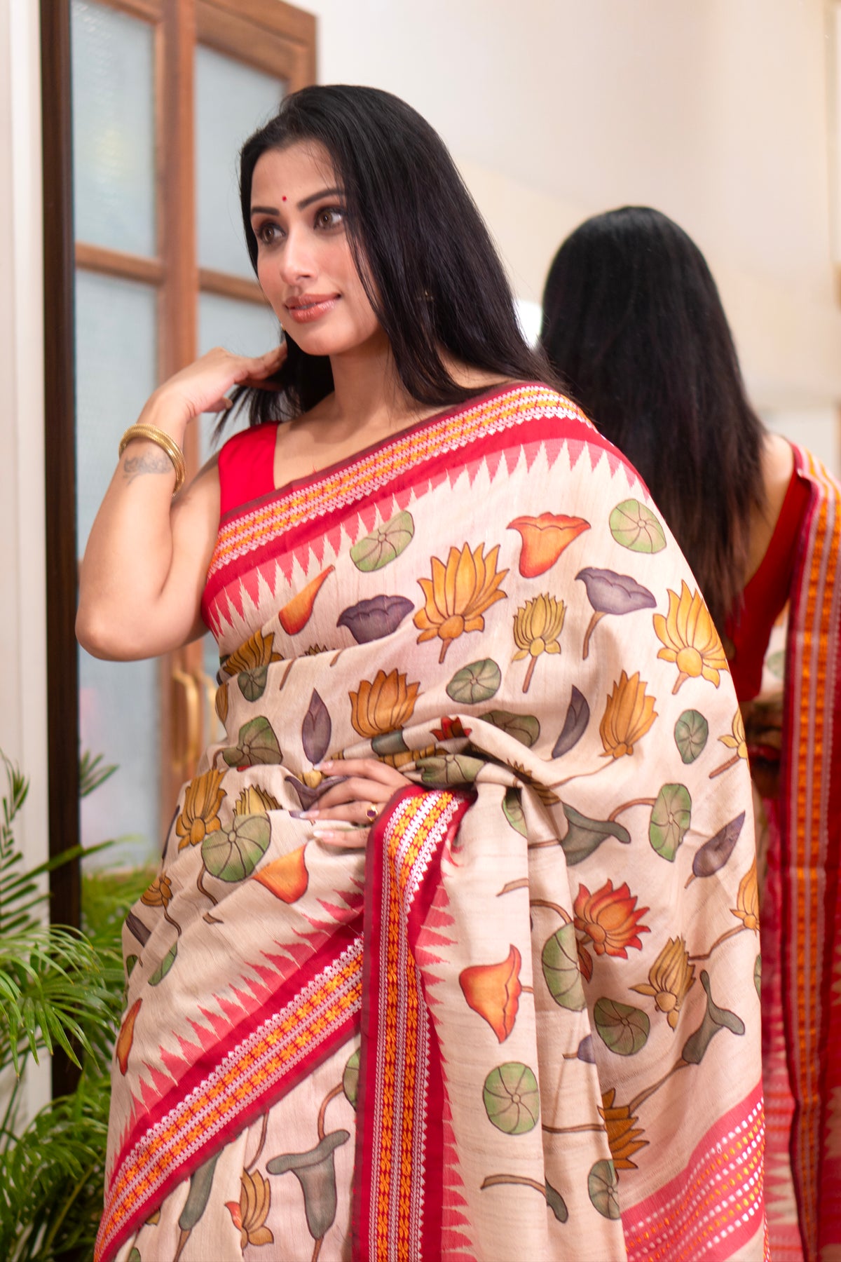 Radiant Drapes Digital Printed Beige Saree with Red Border – Vidarbha Temple Handloom Tussar Saree