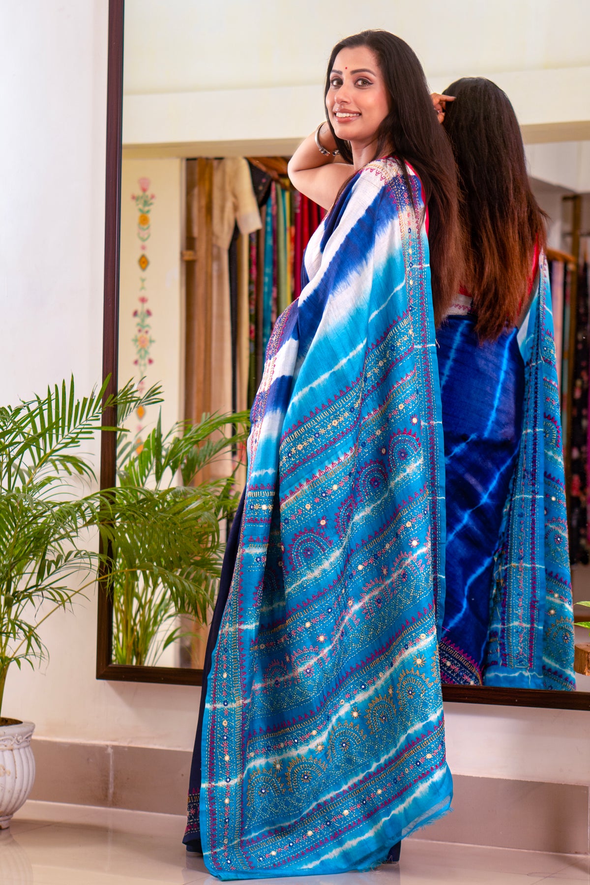 Bhandhej Virasat Elegant Blue Colour Pure Tussar Saree with Leheria Tie-Dye & Lambani Handwork