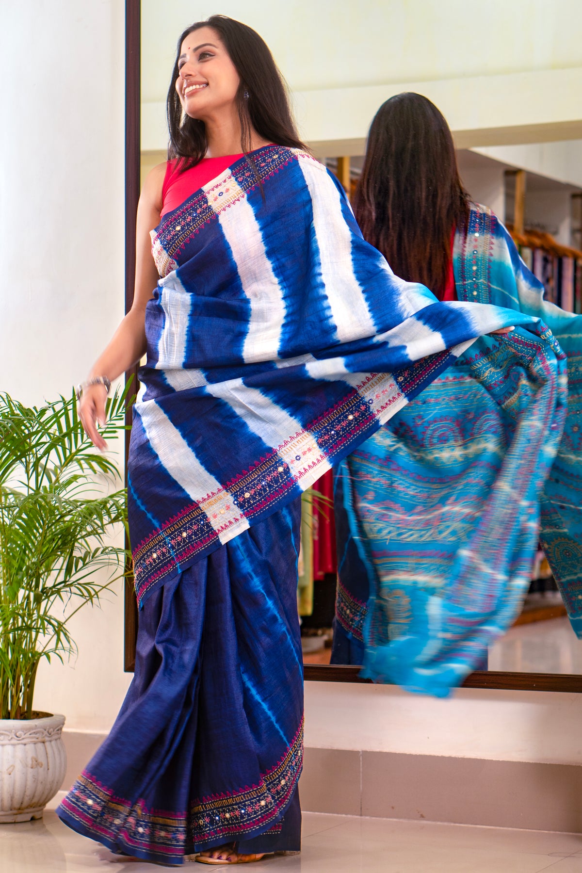 Bhandhej Virasat Elegant Blue Colour Pure Tussar Saree with Leheria Tie-Dye & Lambani Handwork