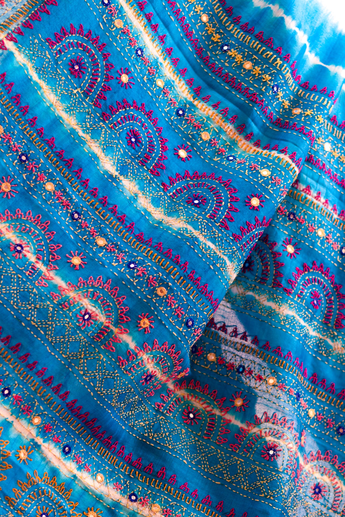 Bhandhej Virasat Elegant Blue Colour Pure Tussar Saree with Leheria Tie-Dye & Lambani Handwork