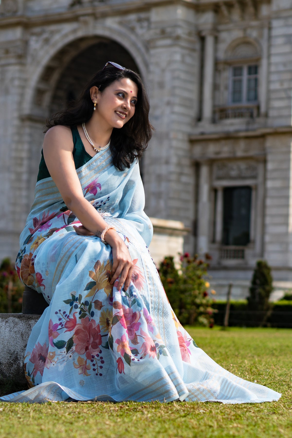 Heavenly handpaint Women's Sky Blue Poly Linen Saree for Festive & Office Wear