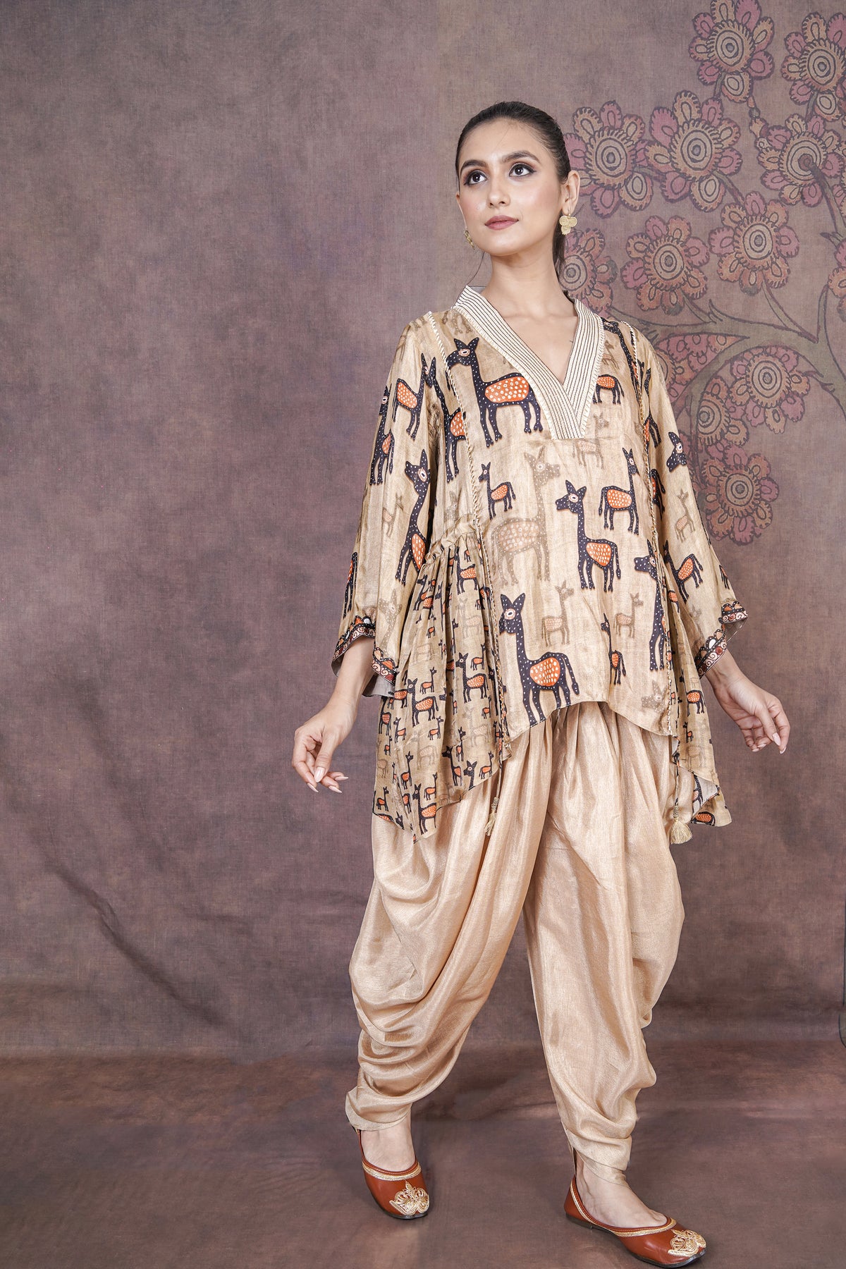 Mriga Designer Beige Russian Silk Ethnic Dress for Women