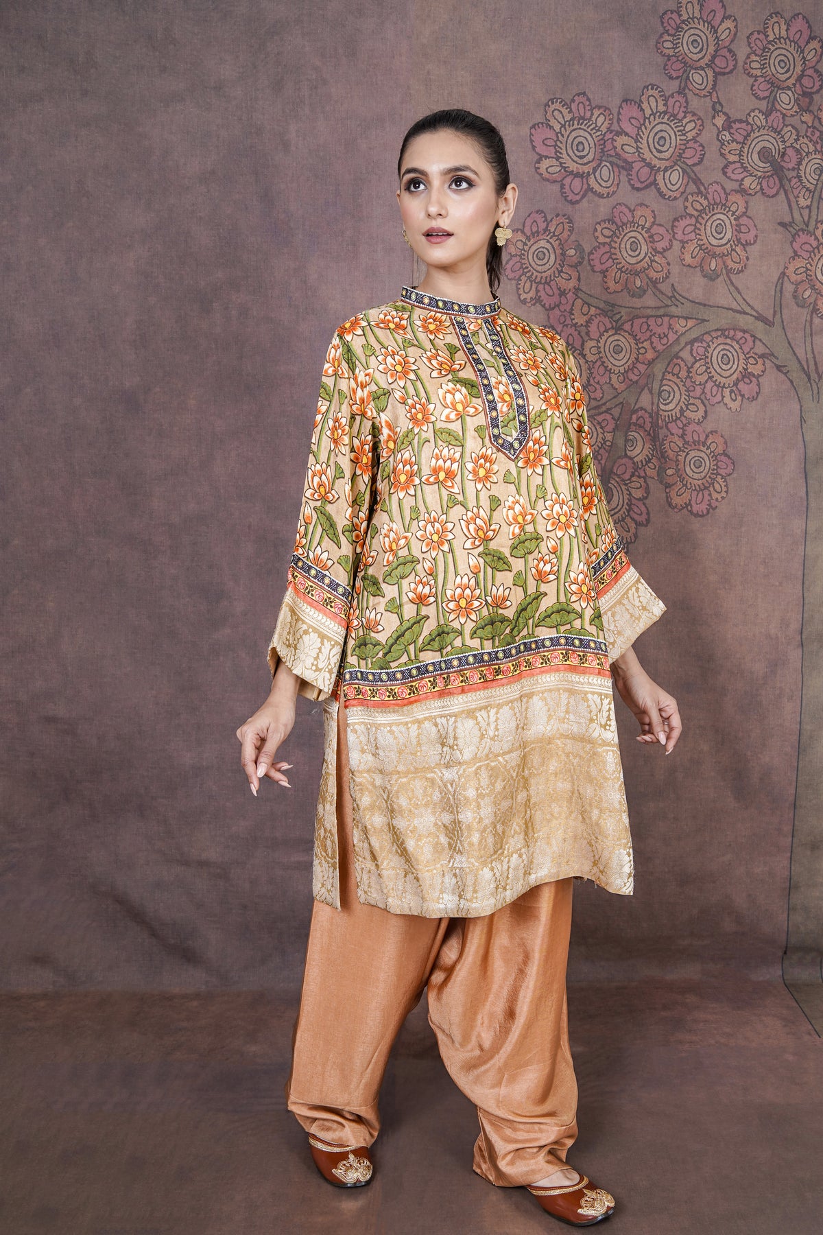 Yasemin Designer Beige Russian Silk Ethnic Dress for Women