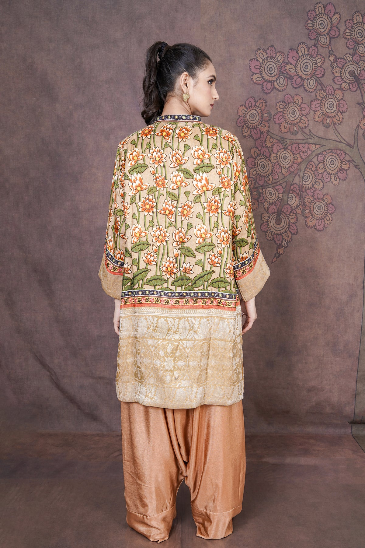 Yasemin Designer Beige Russian Silk Ethnic Dress for Women