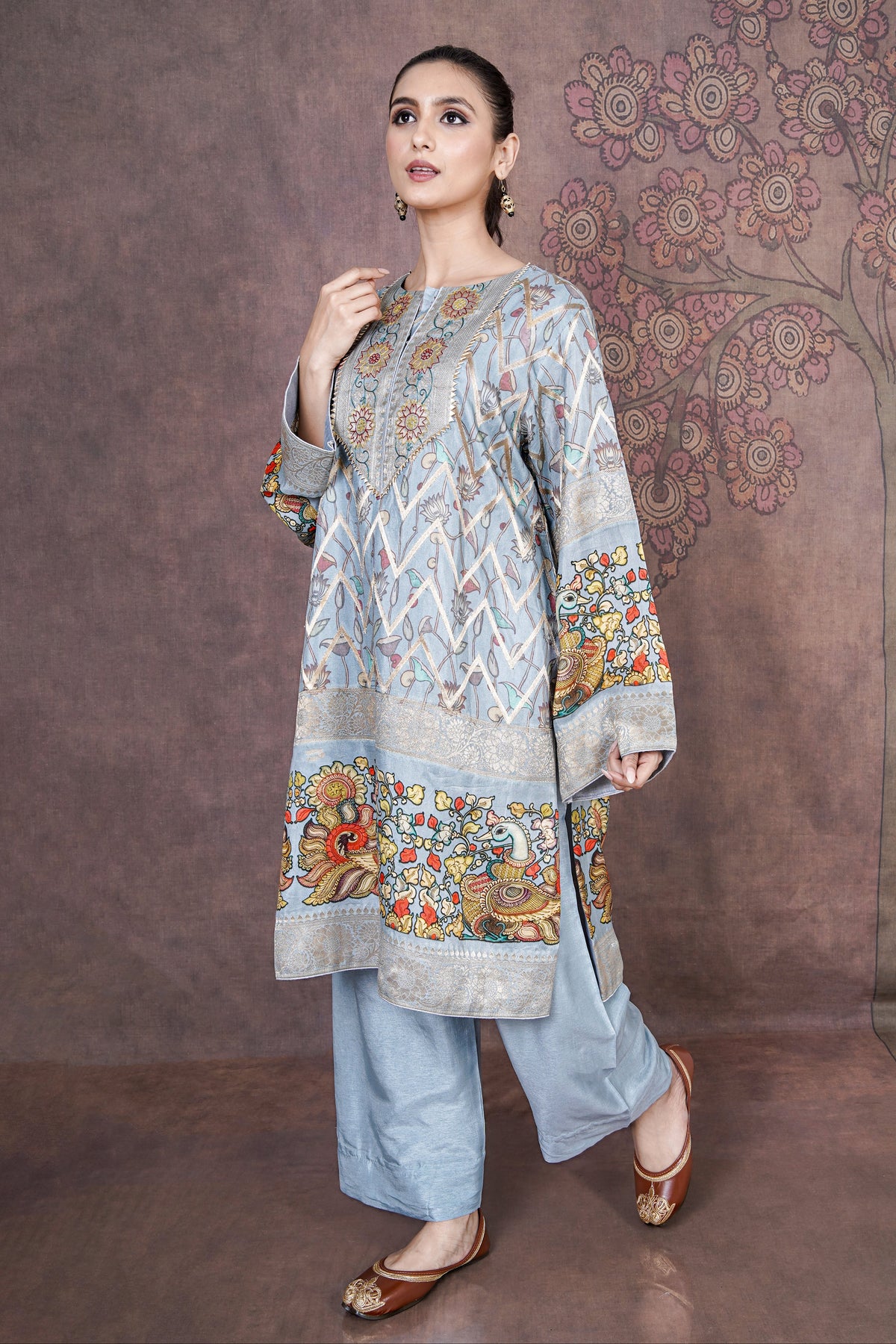 Willow Sky Blue Russian Silk Dress for Wedding and Festive Wear