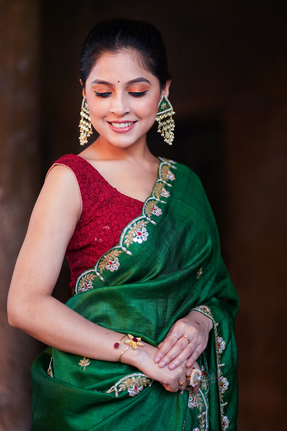 Ruby Premium Emerald Green Tussar Silk Saree with Rich Texture & Timeless Appeal