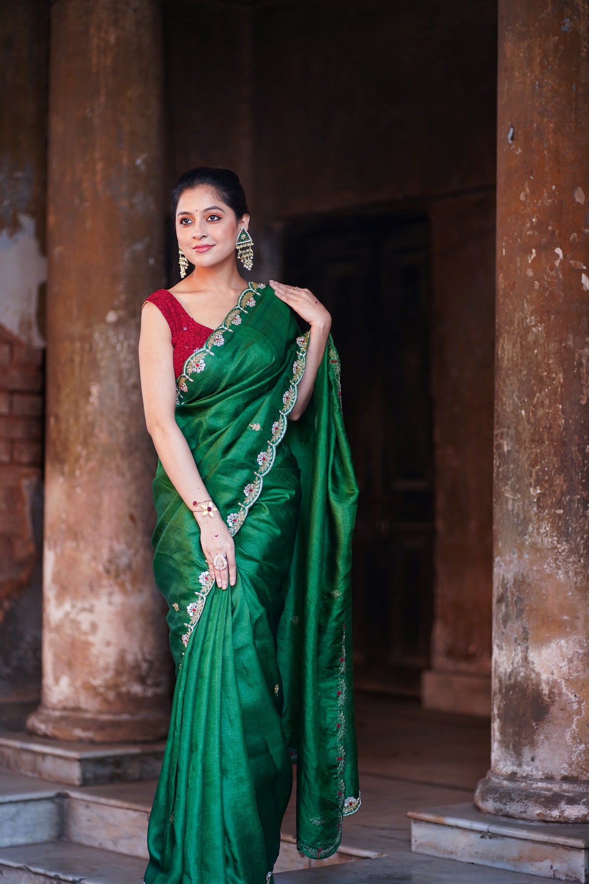 Ruby Premium Emerald Green Tussar Silk Saree with Rich Texture & Timeless Appeal