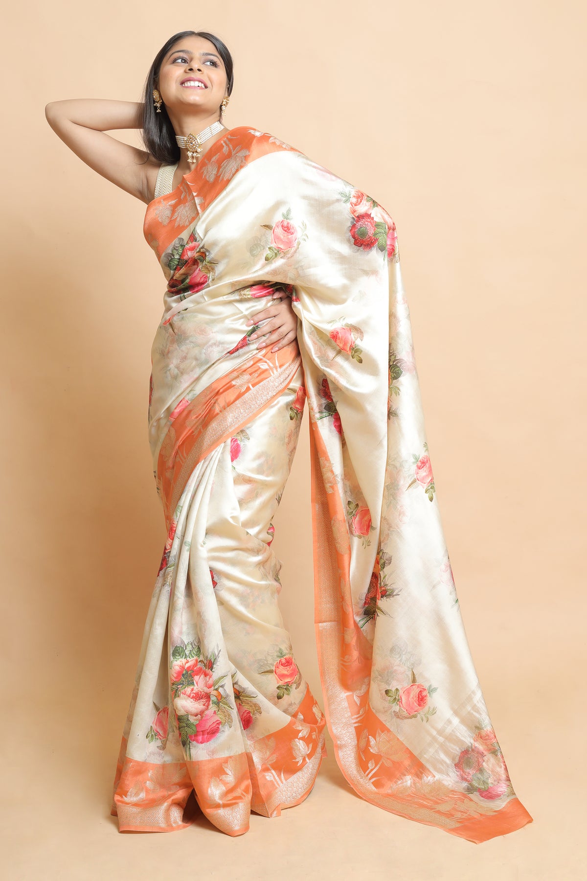 Chinyia 10 Elegant Dual Tone Beige and Orange Silk Saree in Chiniya Silk – Festive Wear