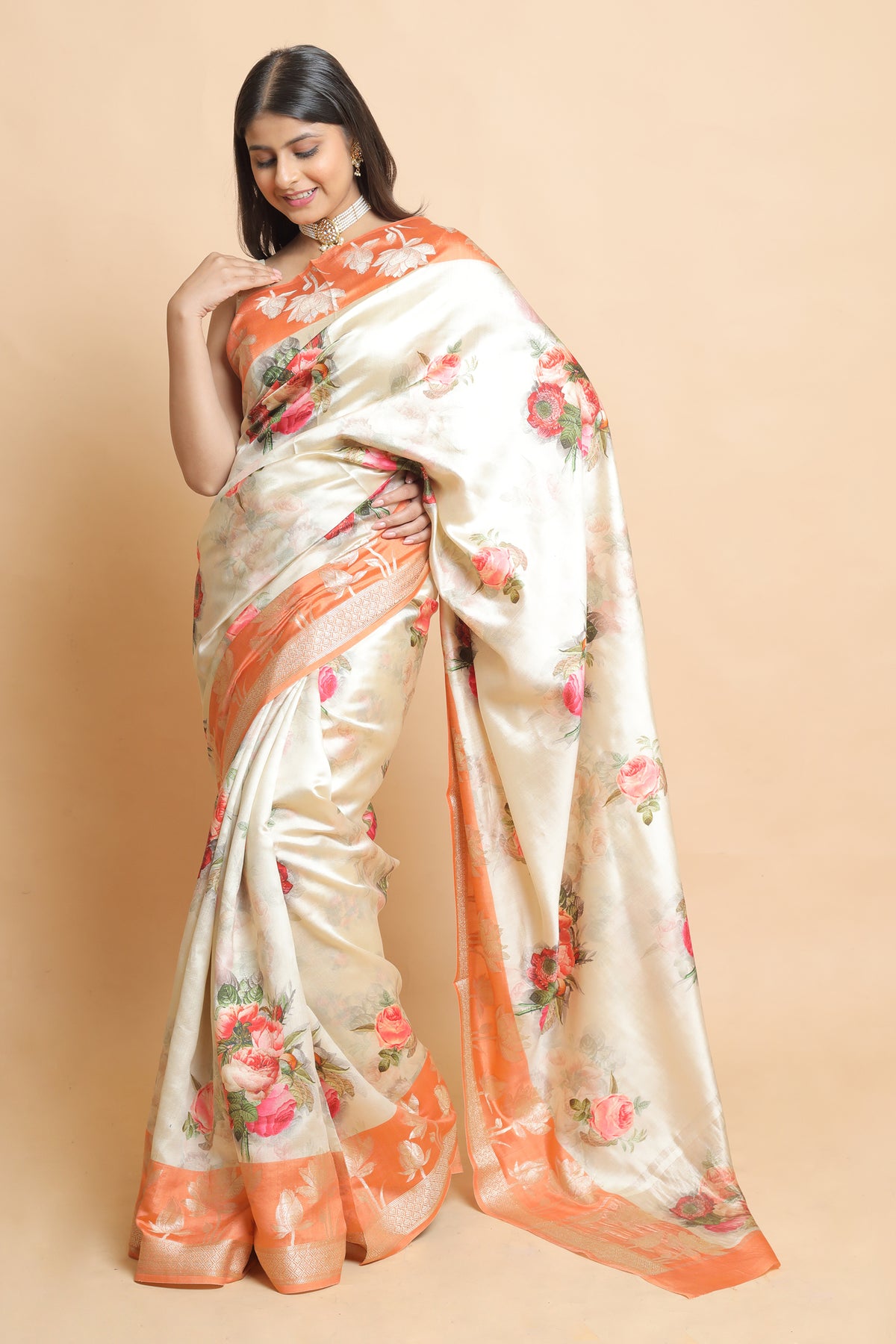 Chinyia 10 Elegant Dual Tone Beige and Orange Silk Saree in Chiniya Silk – Festive Wear