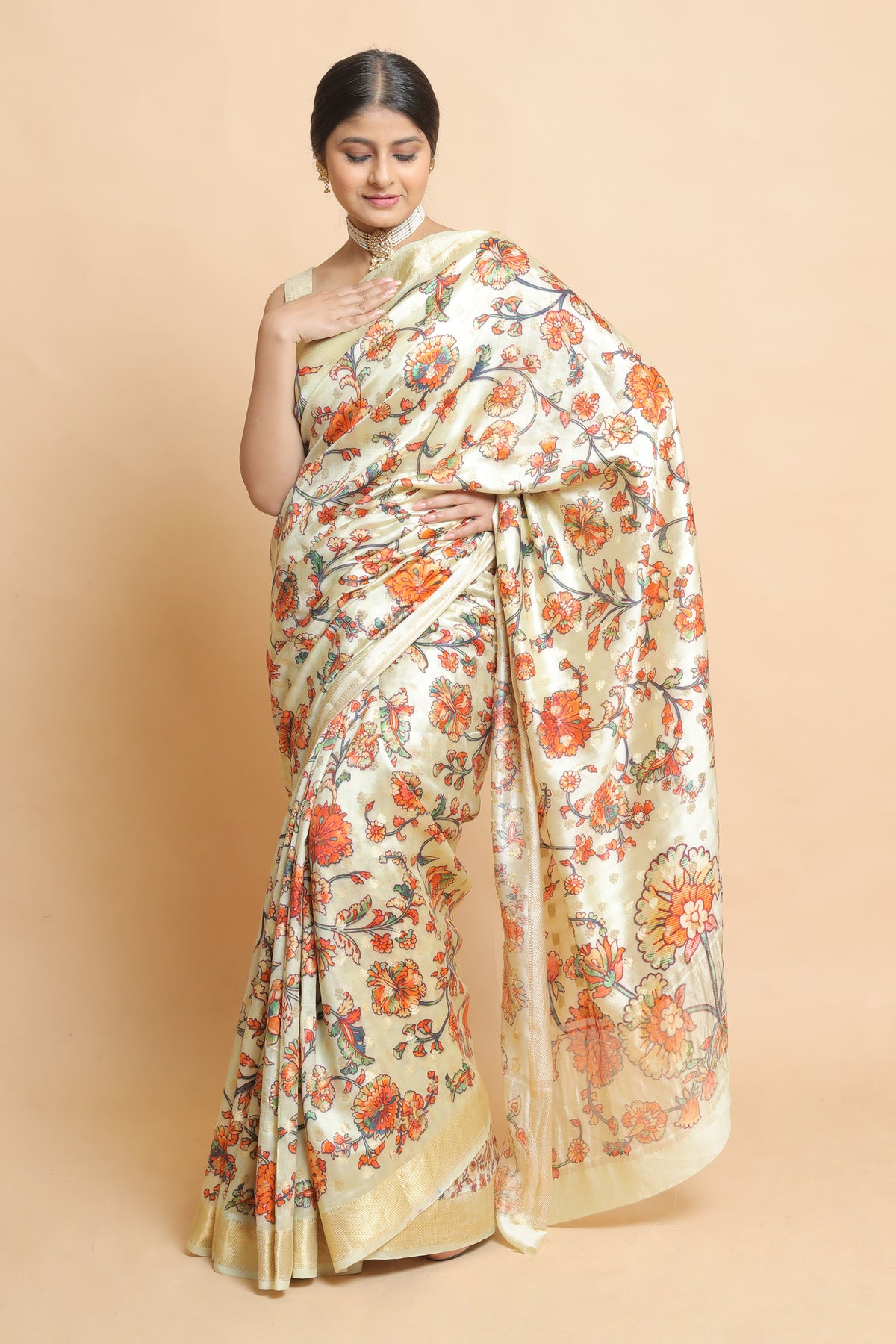 Chinyia 11 Elegant Beige Silk Saree in Chiniya Silk – Soft Draped Ethnic Wear