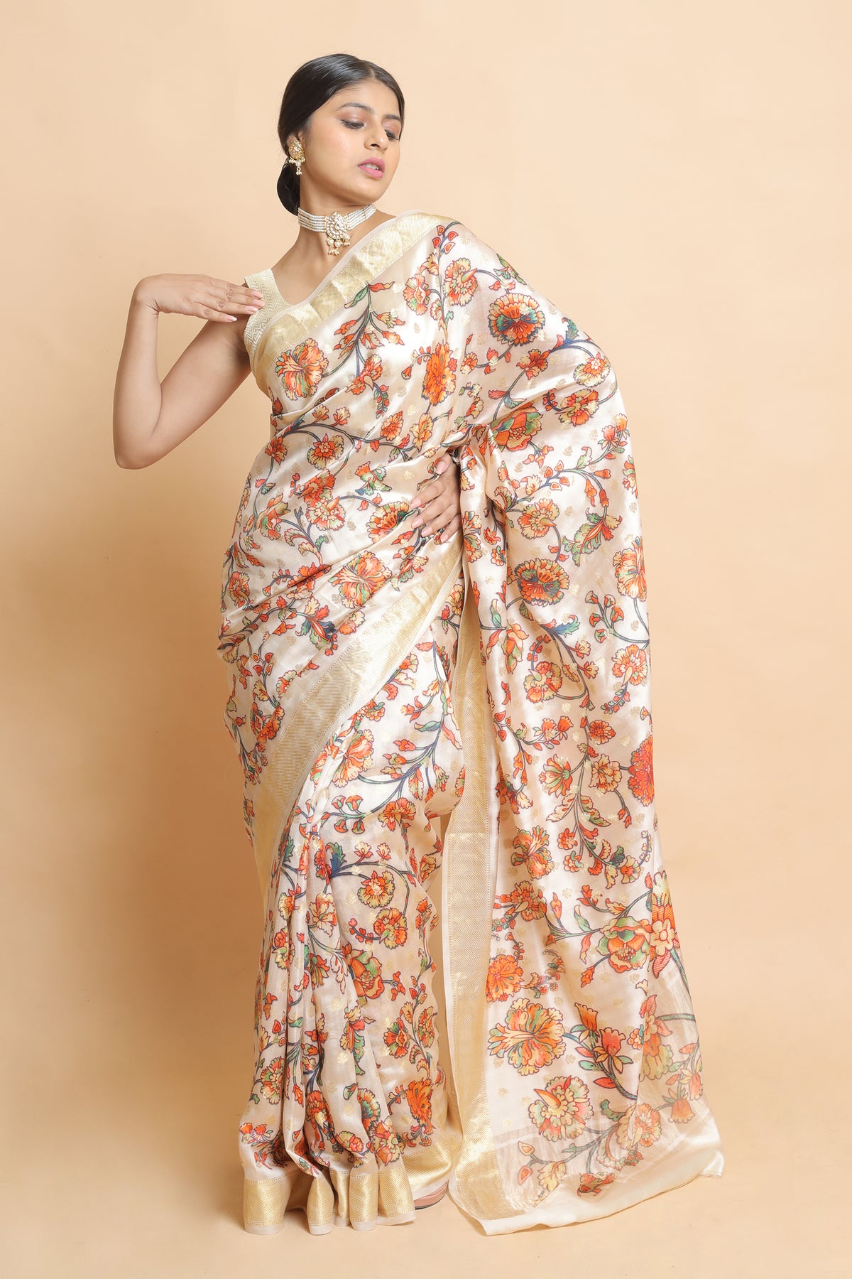 Chandaniya Cream Chiniya Silk Saree | Elegant Traditional Ethnic Wear Silk Saree