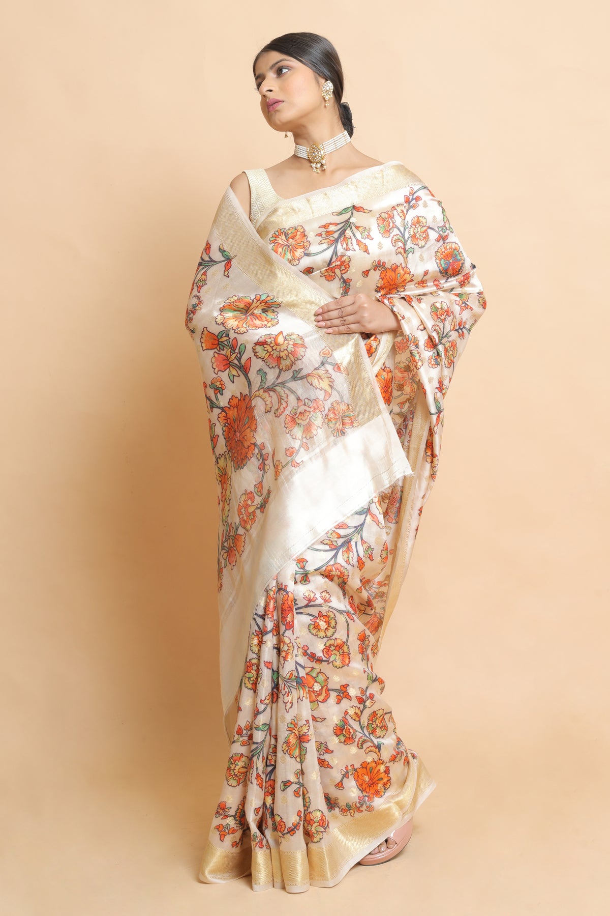Chandaniya Cream Chiniya Silk Saree | Elegant Traditional Ethnic Wear Silk Saree
