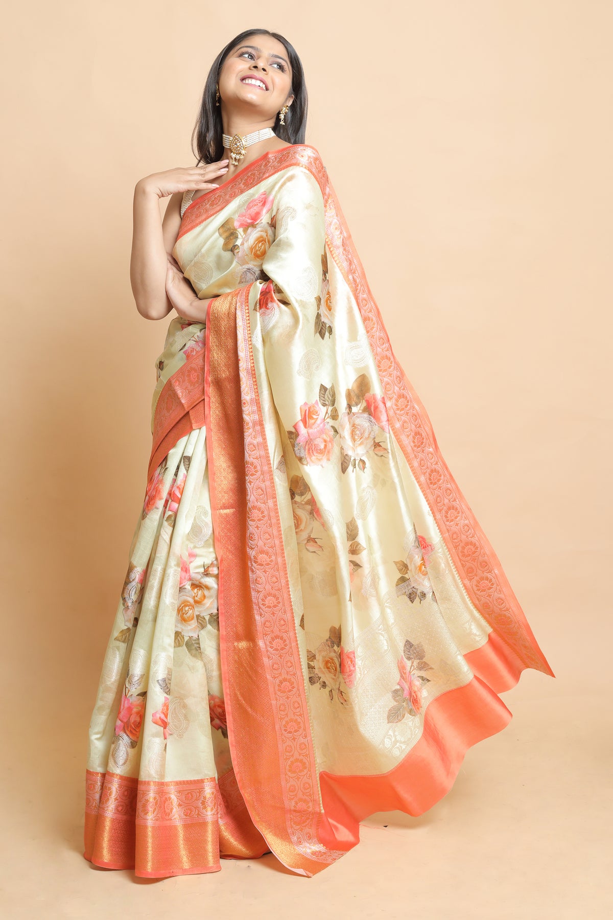 Chinyiak Premium Tussar Banarasi Saree Light Yellow Orange Combination Elegant Saree