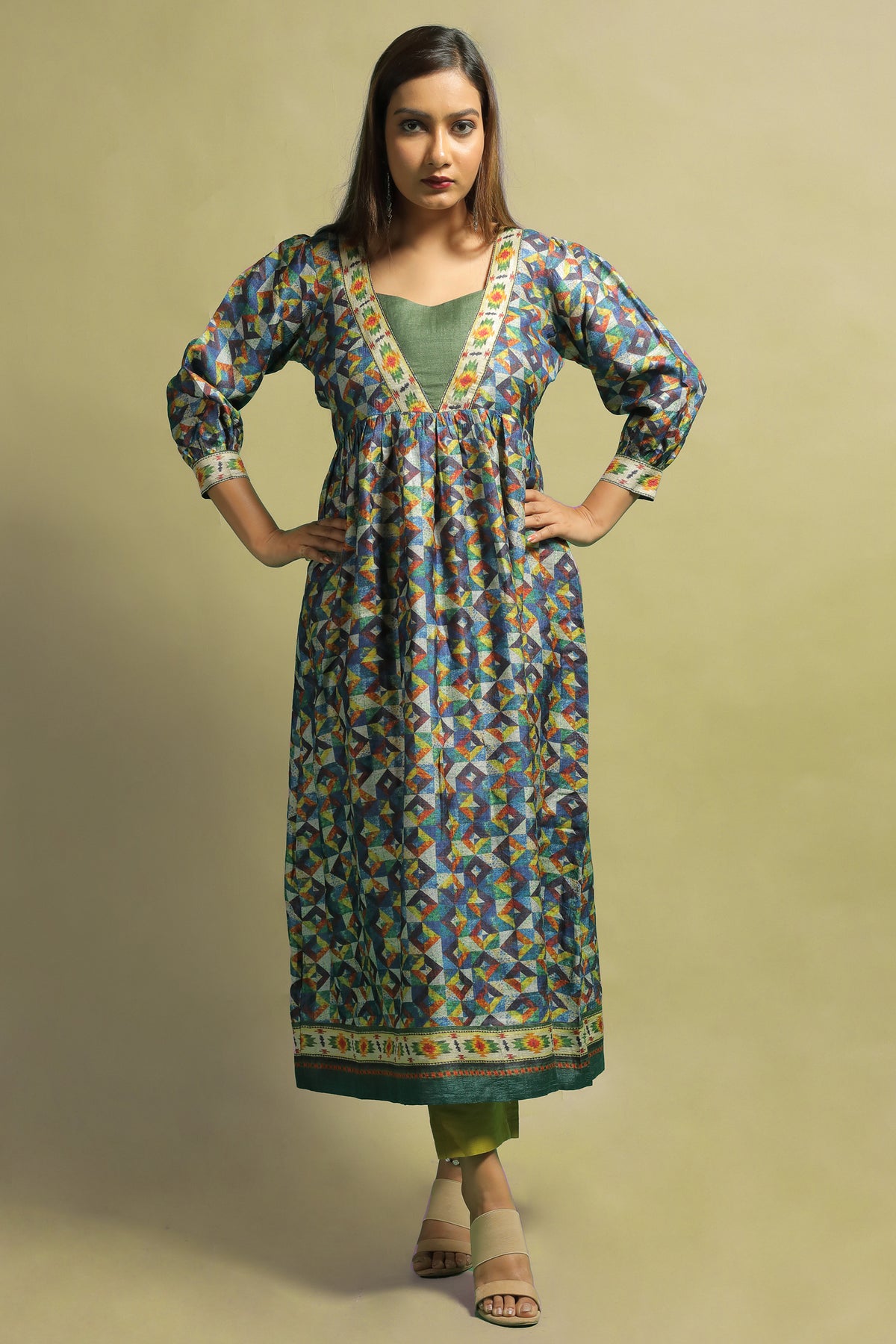 Kaanan Women’s Navy Blue Printed Tussar Kurti for Daily and Festive Wear