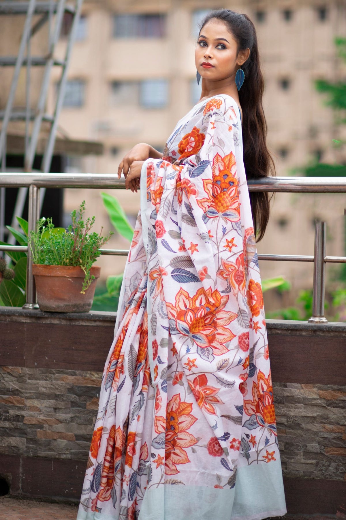 hazel Lightweight White Mulmul Saree with Watercolor Leaf Floral Design