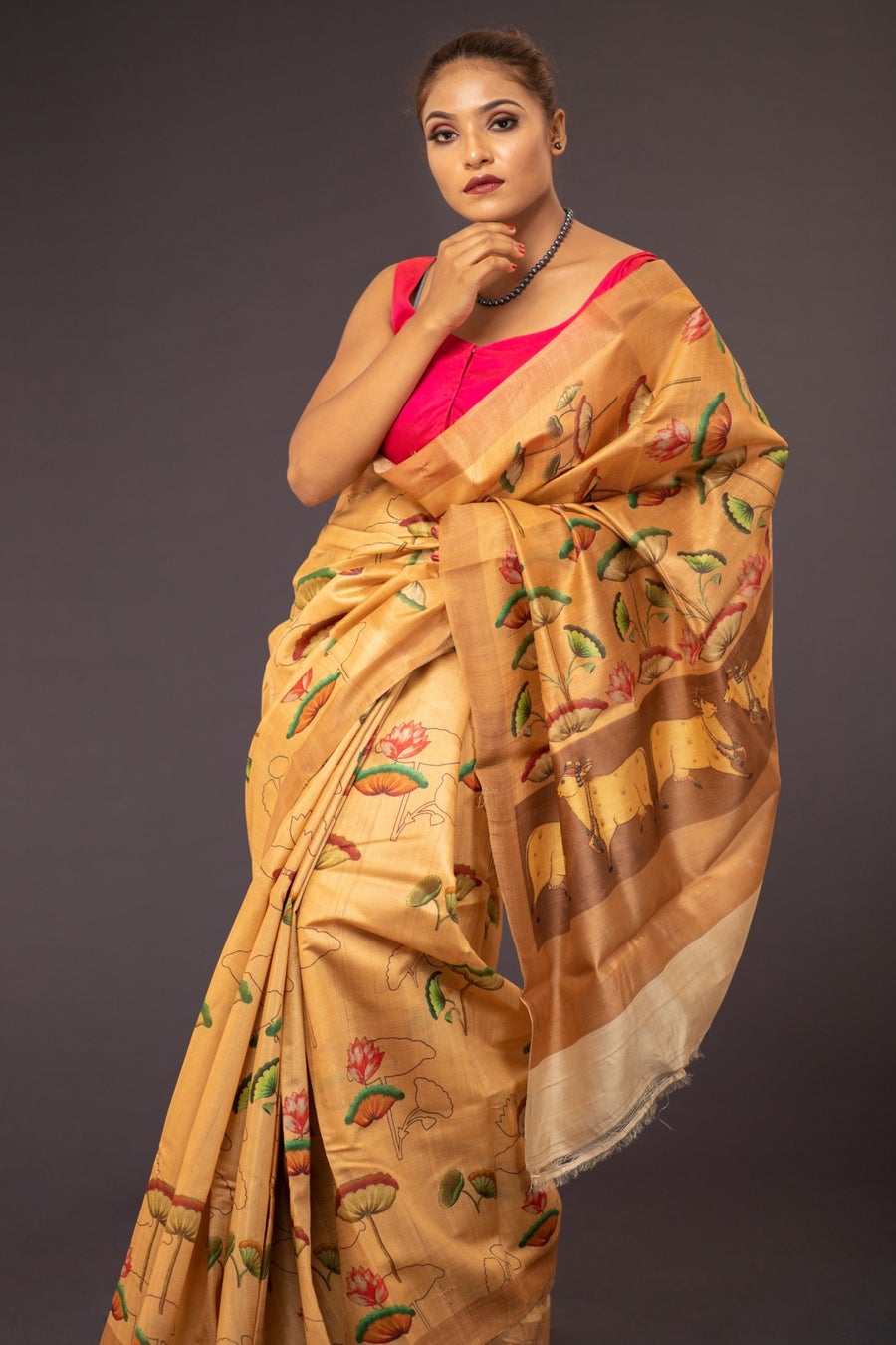 Praanjal + Goop Choop Blouse Elegant Mustard Tussar Silk Saree with Artistic Pichwai Print Blouse Fabric