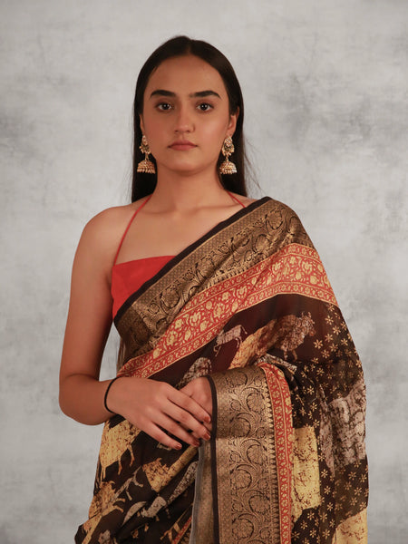 Ancient artistry Designer Black Chanderi Saree with Contrast Black and Red Border Work