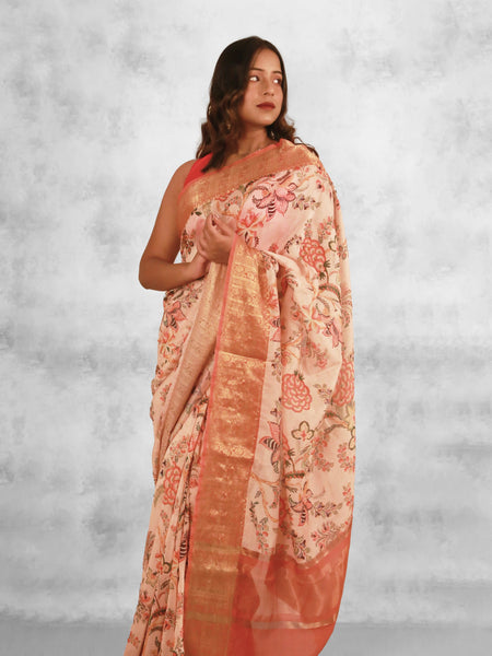 Floral majesty Elegant Peach Pink Chanderi Zari Saree with Contrast Orange Border Work
