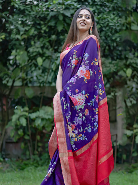 Blue floral elegance Elegant Violet Chanderi Saree for Weddings and Special Occasions