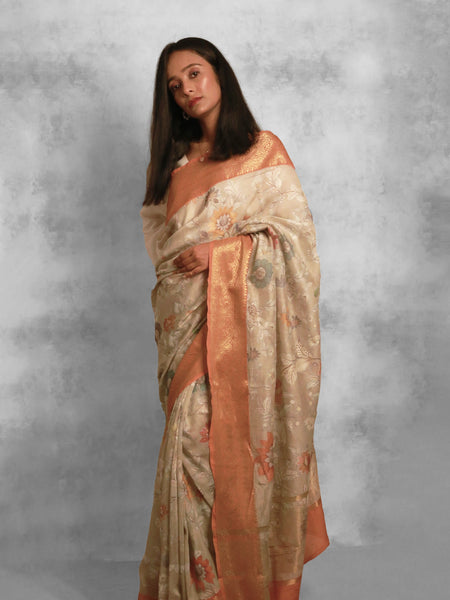Sweet Celadon Chanderi Zari Woven Saree with Orange Border Elegance