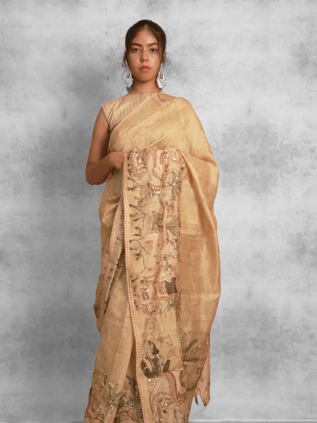 Folk tale Elegant Yellow Cream Tussar Silk Saree – Soft & Traditional Ethnic Wear for Timeless Elegance