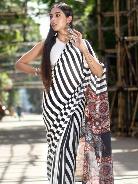 Urban Muse Black and White Checks Chinon Viscose Saree Elegant Ethnic Wear for Women
