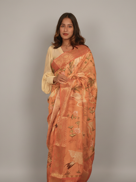 Floral and feathered fusion Premium Orange Zari Woven Saree with Deep Orange Border Chanderi Saree