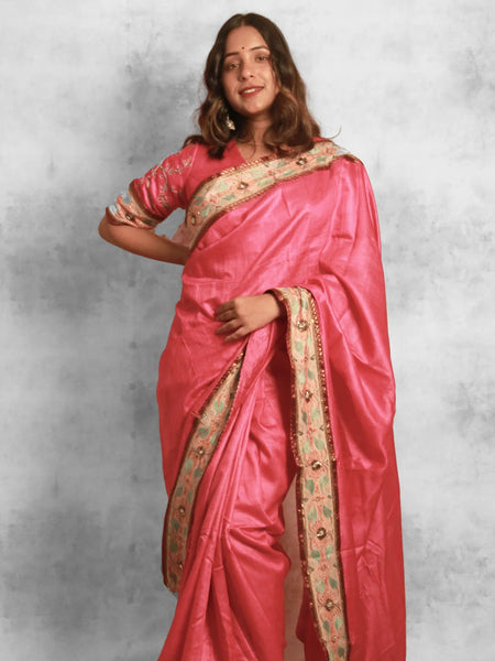 Vrishabh Elegant Fuchsia Orange Tussar Silk Saree Soft Natural Texture Saree