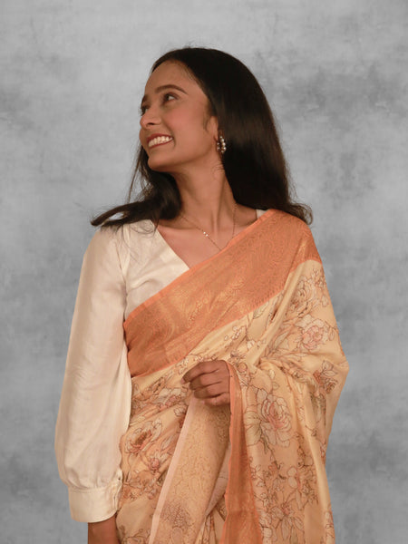 Gentle blossoms Premium Light Orange and Orange Chanderi Saree with Zari Weaving Detail