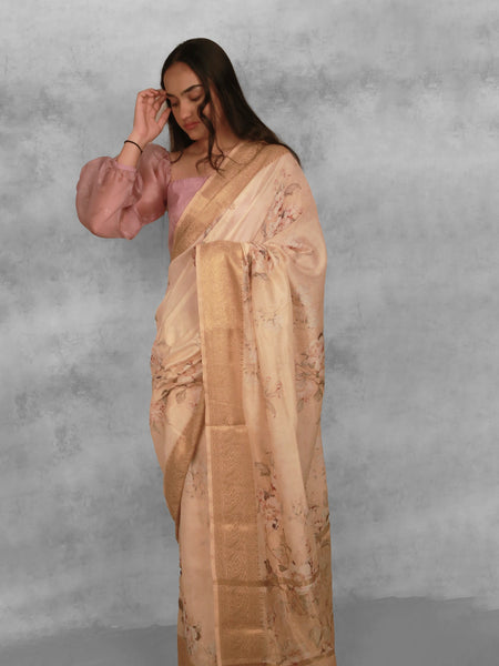 Enchanting delight Premium Coral Peach and Gold Chanderi Saree with Zari Weaving Detail
