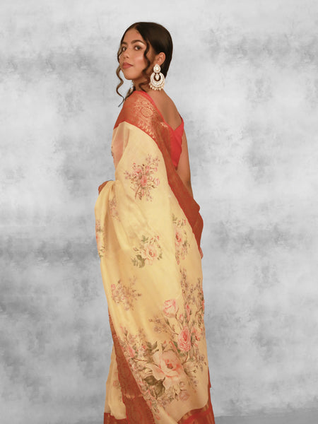 Pale Light Yellow Chanderi Zari Woven Saree with Orange Border Elegance