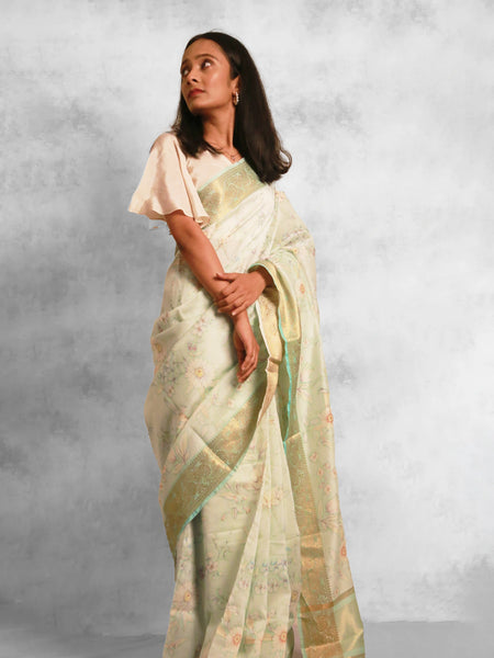 Designer Pale Sky Chanderi Saree with Contrast Aqua Blue Border Work